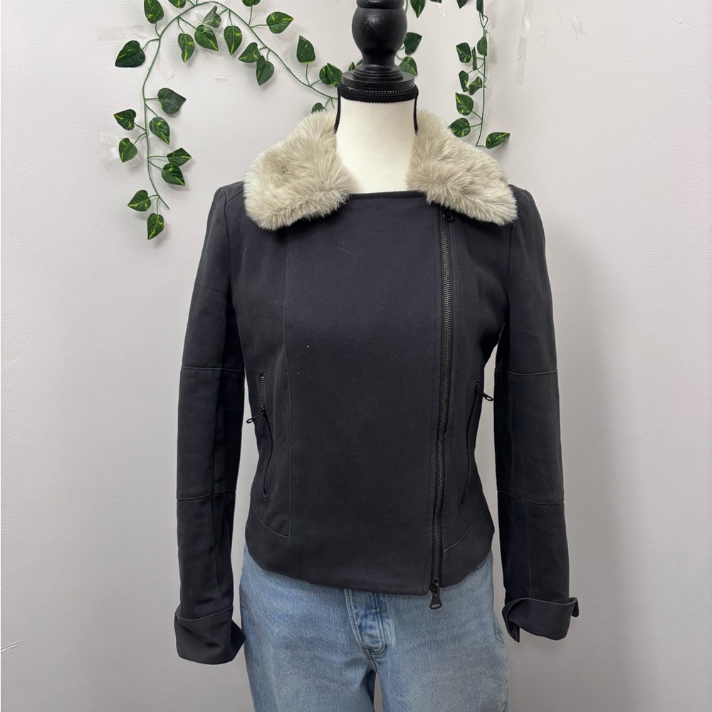 Club Monaco Black Jacket with Cream Faux Fur Collar